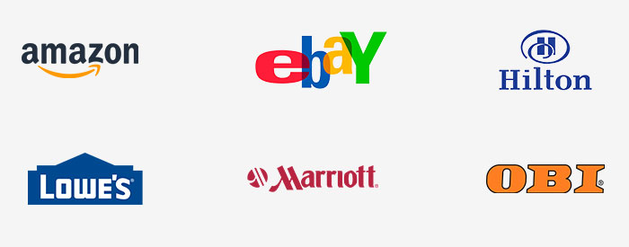 Logotyper för olika konsumentmärken, inklusive Amazon, ebay, hilton, lowe's, marriott och obi.