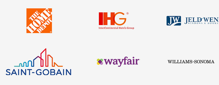 Une collection de logos d'entreprise de diverses sociétés, notamment Home Depot, IHG, Jeld-wen, Saint-Gobain, Wayfair et Williams-Sonoma.