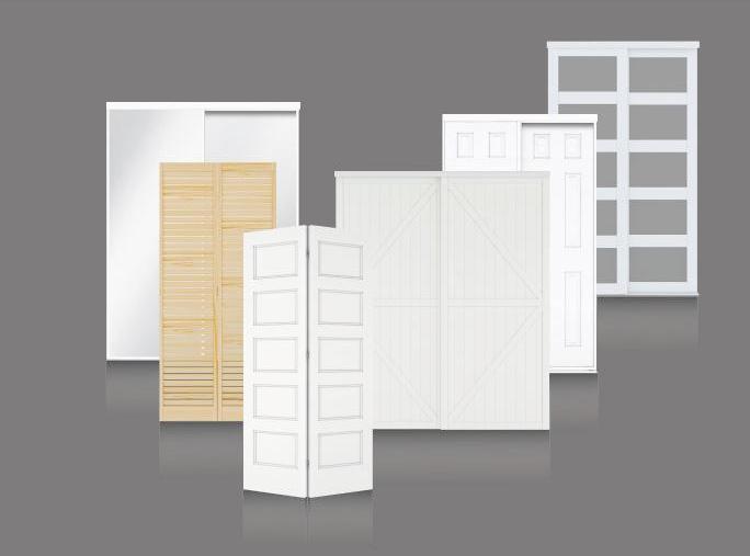 A curated archive of white wardrobe doors displayed on a gray background features diverse designs like sliding, folding, and louvered.