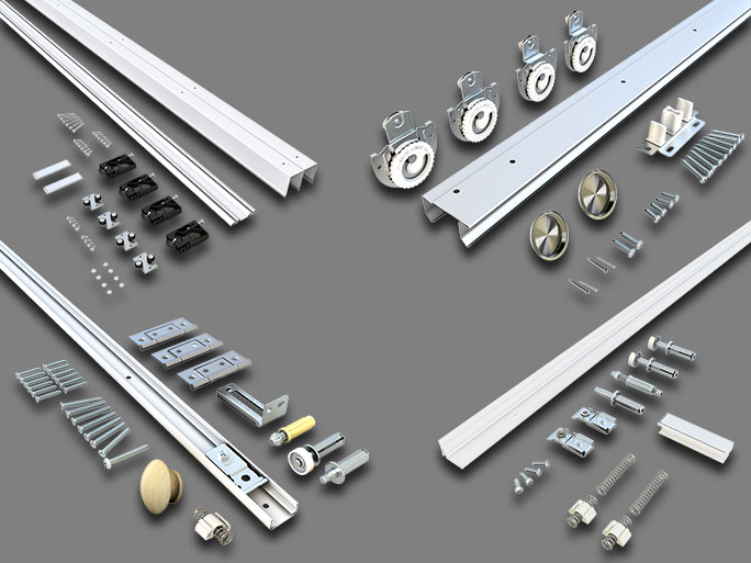 Sliding door hardware kits with tracks, wheels, screws, and brackets are neatly laid out on a gray background.