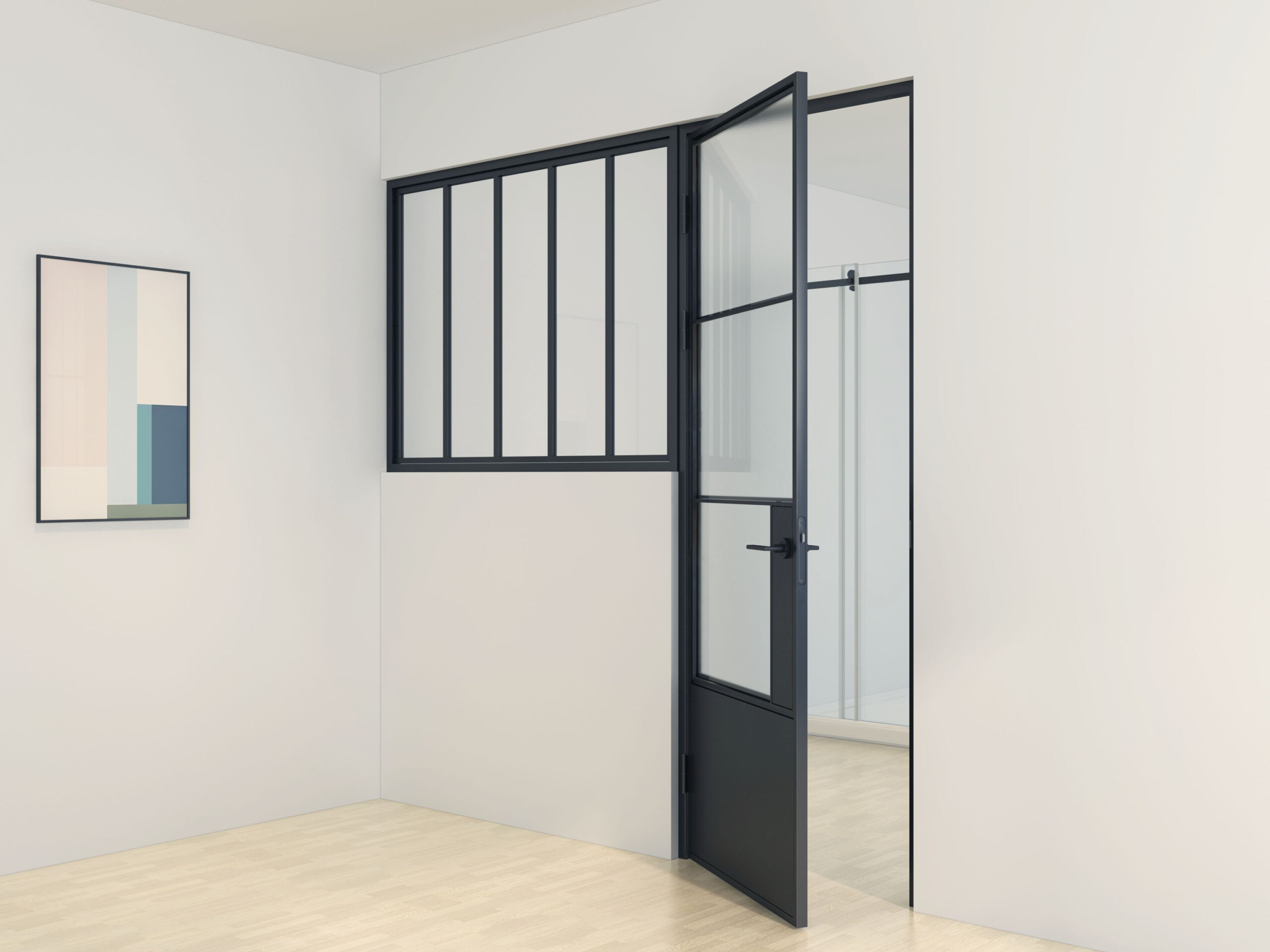 An open black-framed glass door in a minimalist room reveals a light wood floor and striped painting—a perfect archive snapshot.