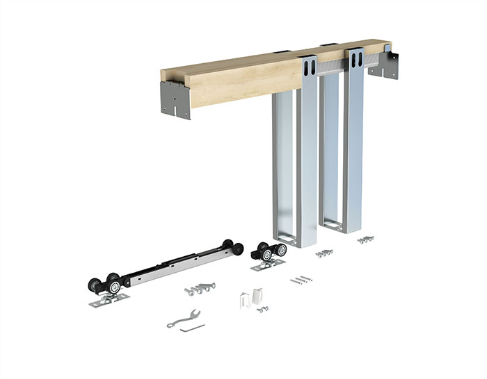 Sliding barn door hardware and wooden beam, disassembled and isolated on a white background.