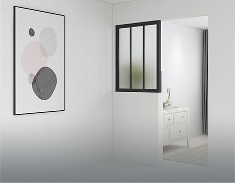 Minimalist interior with an abstract painting on the wall and a glimpse of a bedroom with a white dresser through an open door.