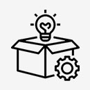 Icon representing innovation or a creative solution, featuring a lightbulb emerging from a box with a cogwheel.