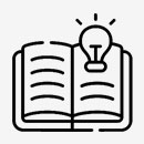 Ikon som visar en öppen bok med en glödlampa ovanför, som symboliserar idéer eller inspiration som kommer från läsning eller utbildning.