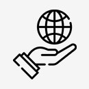 Icône symbolisant les soins mondiaux ou le soutien mondial avec une main tenant un globe.