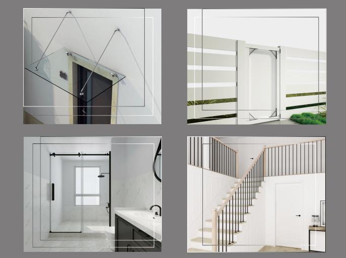 Four architectural detail images: a door mechanism, outdoor gate, sliding bathroom door, and a staircase with a white door.