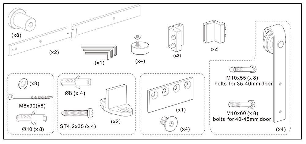 Kit porta scorrevole per fienile Kit hardware bypass 4Ft-13Ft, Binario  singolo con gancio piegato, Uso per porte doppie in legno, Binario  silenzioso con rulli neri Set completo di : : Fai da