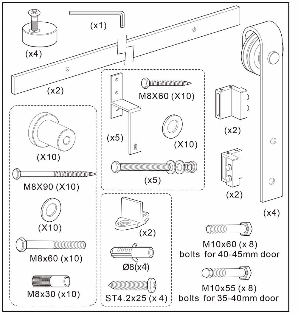 Durable heavy-duty metal components with screws, brackets, rollers, and washers for smooth sliding doors.