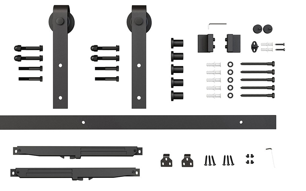 Heavy-duty garage door hardware set with durable black finish, includes rails, rollers, brackets, and mounting hardware for easy installation. Perfect for DIY garage door repair and upgrades.