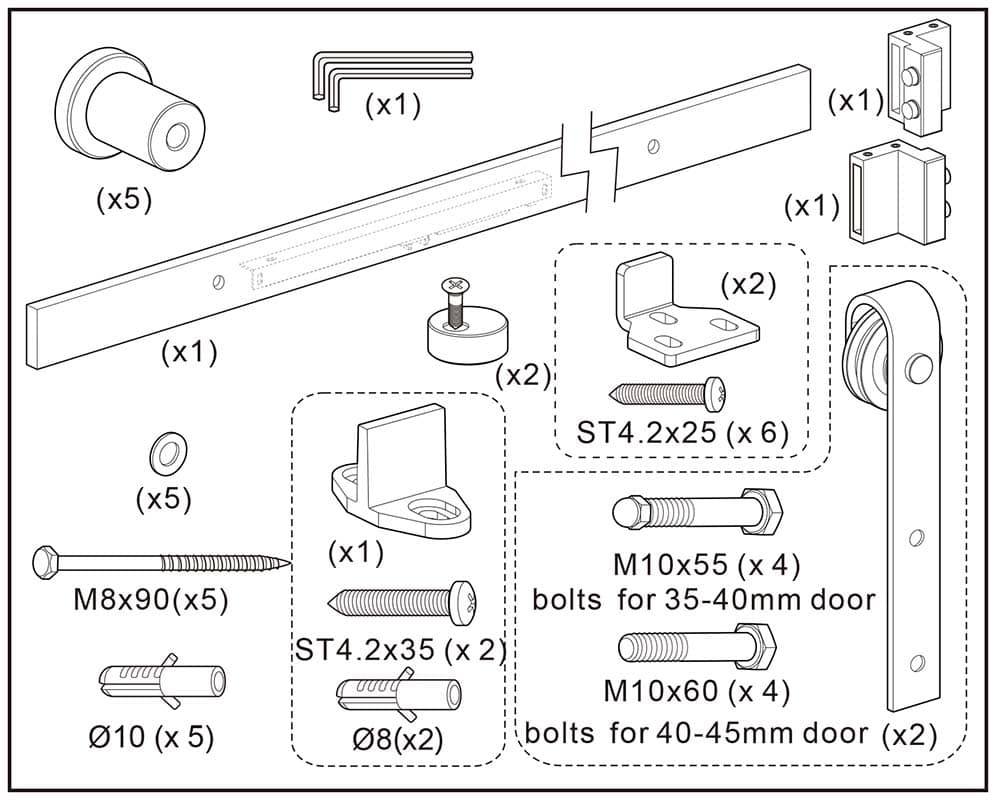 Detailed sliding door hardware assembly and installation diagram. Includes brackets, bolts, rails, and rollers for 35-45mm thick doors, ensuring smooth sliding operation and secure mounting.