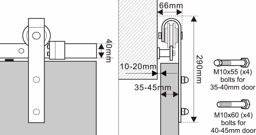 Close-up of technical door hardware installation with measurements and screw specifications, demonstrating precise mounting details for secure door fitting and reliable operation.