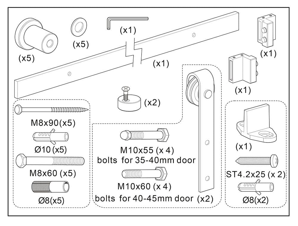 Detailed view of deepblue home security and door hardware components, including bolts, screws, brackets, and lock accessories, ideal for modern home security solutions.