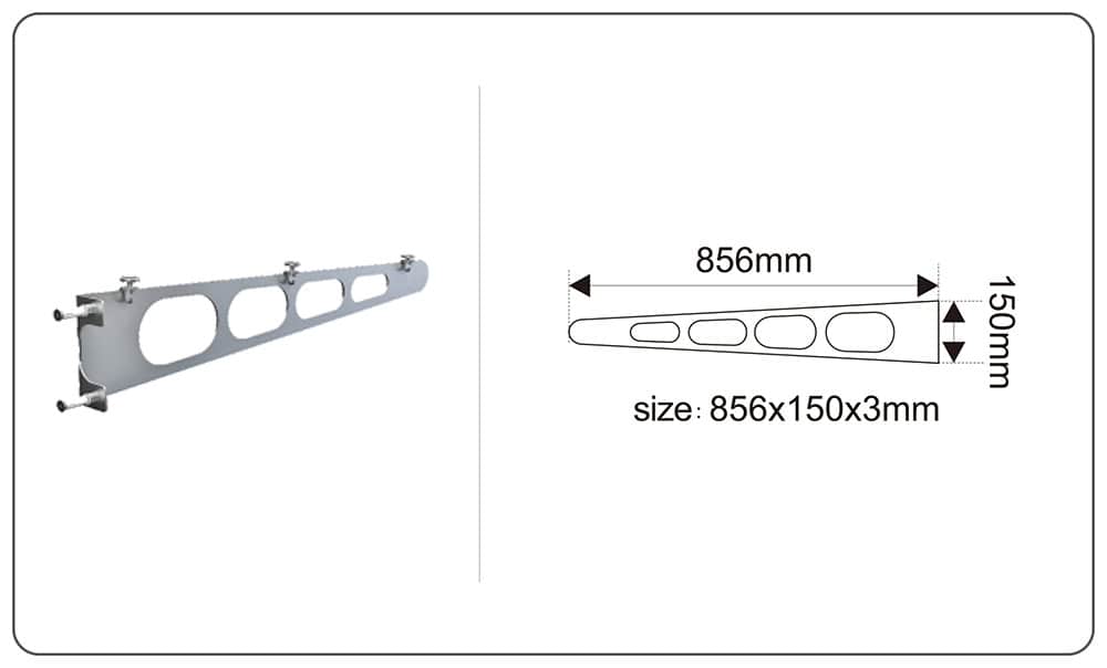 Sturdy aluminum wall mount bracket for secure support and shelving. Ideal for home, office, or industrial use with precise dimensions of 856x150x3mm.