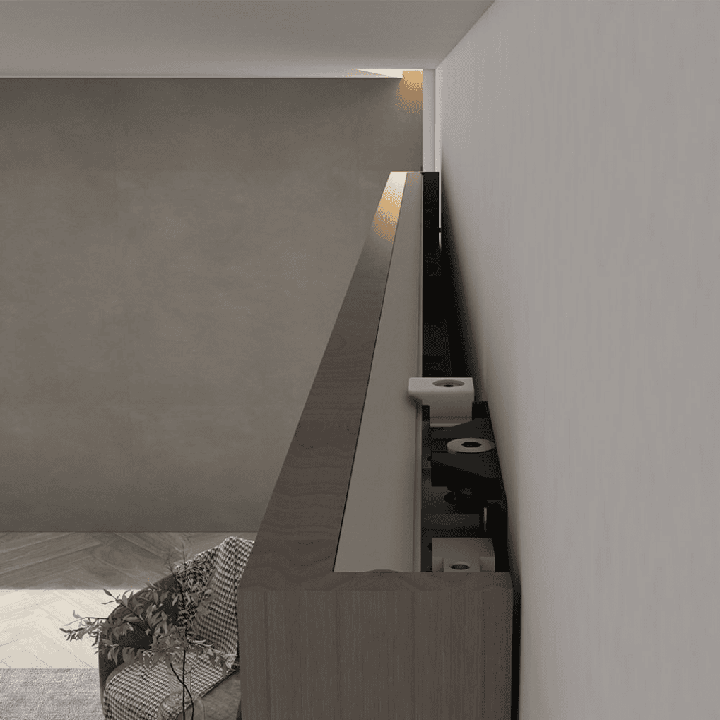 Elegant barn door hardware featuring an aluminum concealed track, designed for seamless integration and a sleek appearance in modern interior spaces.