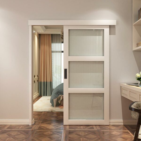 Modern home interior featuring a sliding frosted glass door with Interior Barn Door Hardware, with Natural MDF Cover partially open, revealing a room with a person bending down near a window.