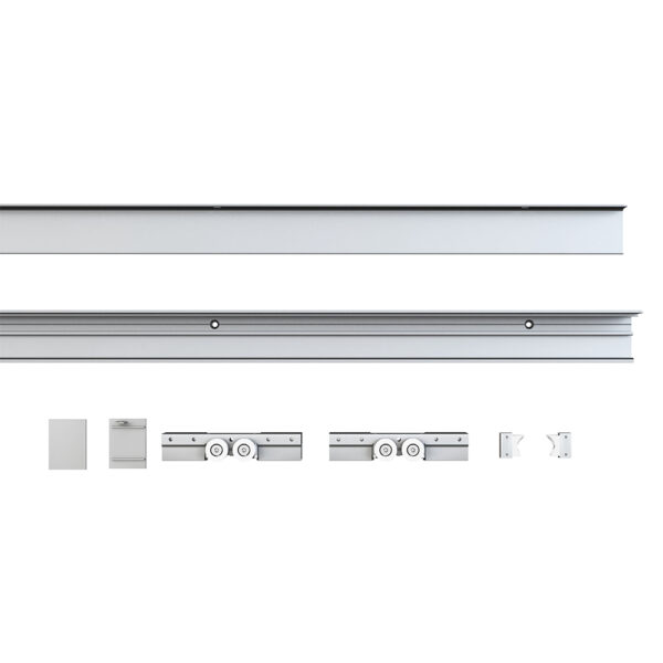 Vue isométrique de divers composants du système de porte coulissante en verre Western, notamment les rails, les rouleaux et les supports en aluminium dans une palette de couleurs en échelle de gris.