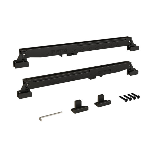 Two black mounting brackets with installation hardware including screws and a hex key.