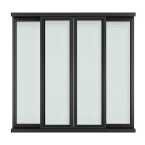Finestra in vetro per interni per ufficio, struttura in acciaio, con anta scorrevole con telai in acciaio nero isolati su sfondo bianco.