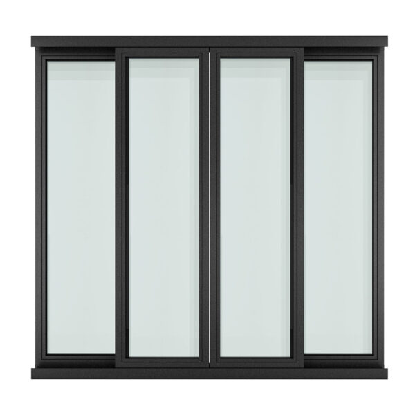 Finestra in vetro per interni per ufficio, struttura in acciaio, con anta scorrevole con telai in acciaio nero isolati su sfondo bianco.
