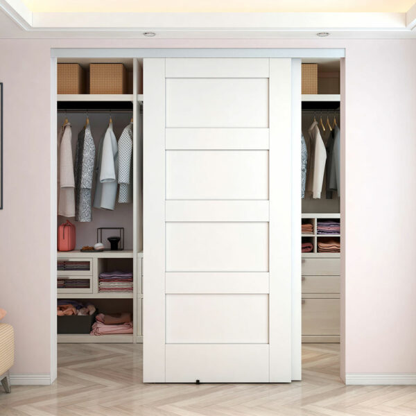 A modern, well-organized wardrobe with Bypass Sliding Door Hardware, with No Bottom Track, Double Channel, Top Track, showcasing neatly arranged clothes and accessories inside.