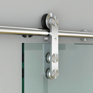 Stainless steel sliding door hardware for a glass panel door.