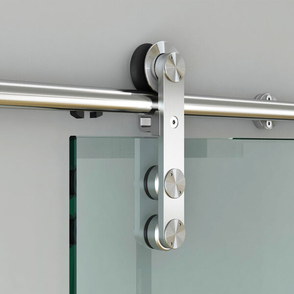 Stainless steel sliding door hardware for a glass panel door.