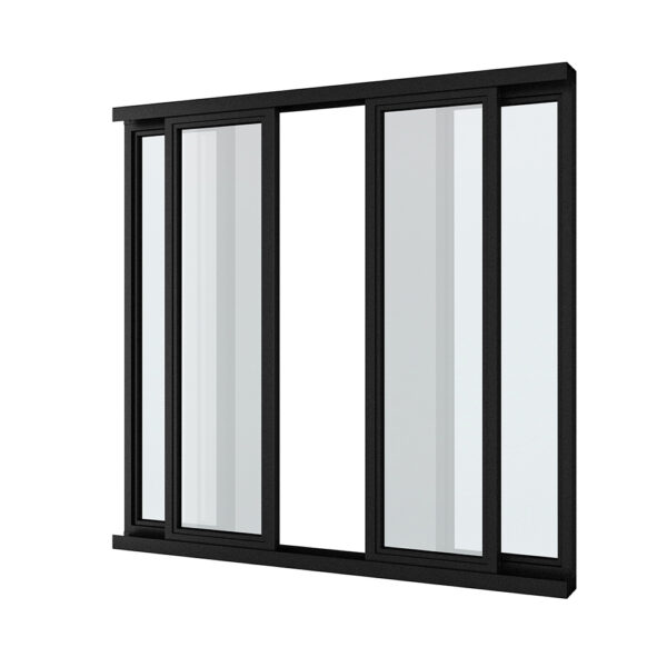 Fenêtre intérieure en verre de bureau, cadre en acier, avec vantail coulissant avec quatre panneaux verticaux sur fond blanc.