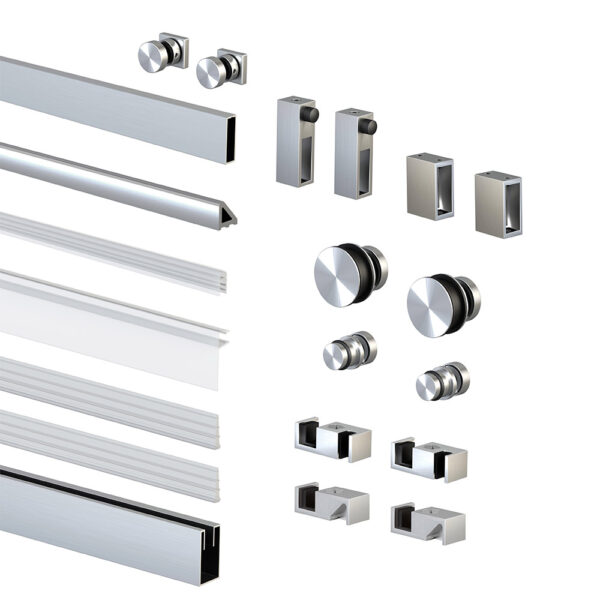 Various styles of modern metal door and Serenity Glass Shower Door, with Stainless Steel hardware, frameless, including handles, knobs, and bars, displayed on a white background.