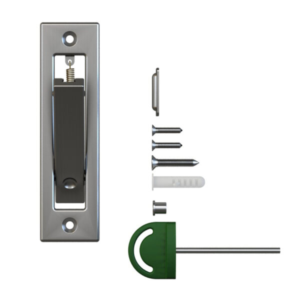 Explosionsansicht eines Sichtschutzschlosses für Scheunentore mit Komponenten, einschließlich Schrauben, einer Feder und einem Schlüsselwerkzeug, dargestellt auf einem weißen Hintergrund.