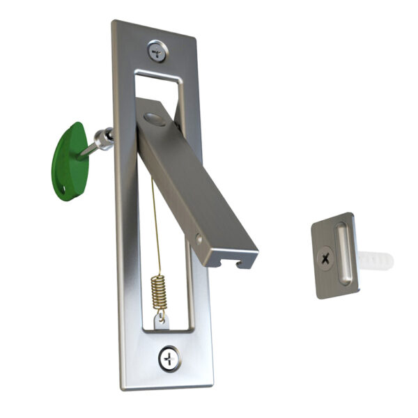 A key inserted into a modern latch lock with a separate deadbolt system.