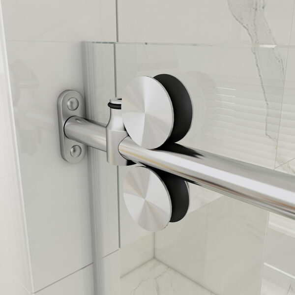 Chrome shower door handle on a glass door with a marble wall in the background.