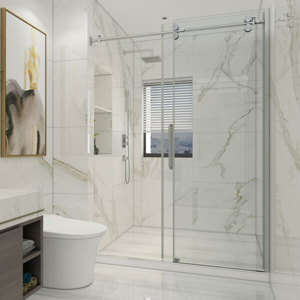 Modern bathroom interior with glass shower enclosure and marble tiles.