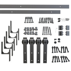 Het Double Bypass Barn Door Hardware System, met rails, rollen, schroeven en meer, wordt weergegeven op een witte achtergrond.