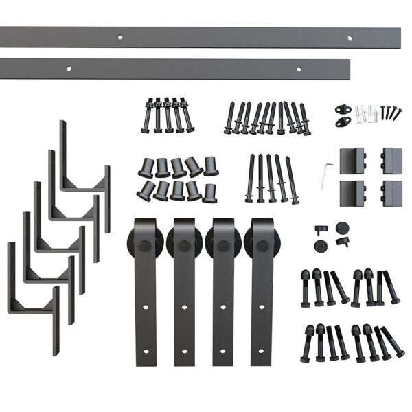 The Double Bypass Barn Door Hardware System, featuring rails, rollers, screws, and more, is displayed on a white background.