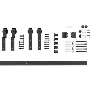 Kit de porte de grange coulissante à double voie simple avec rail, rouleaux, vis, entretoises et outils sur fond blanc.
