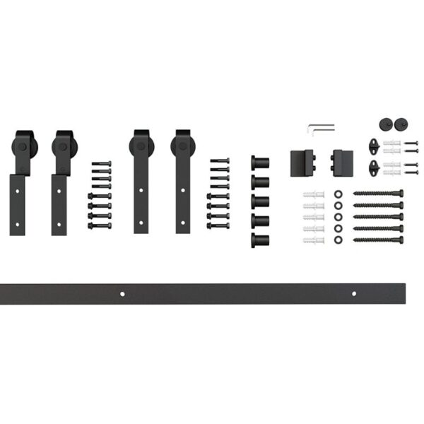 Kit de porta de celeiro deslizante de trilho único e porta dupla com trilho, roletes, parafusos, espaçadores e ferramentas em um fundo branco.