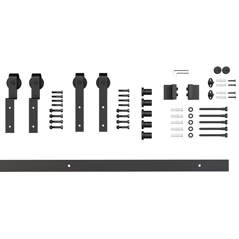 Single Track Double Door Sliding Barn Door Kit with track, rollers, screws, spacers, and tools on a white background.