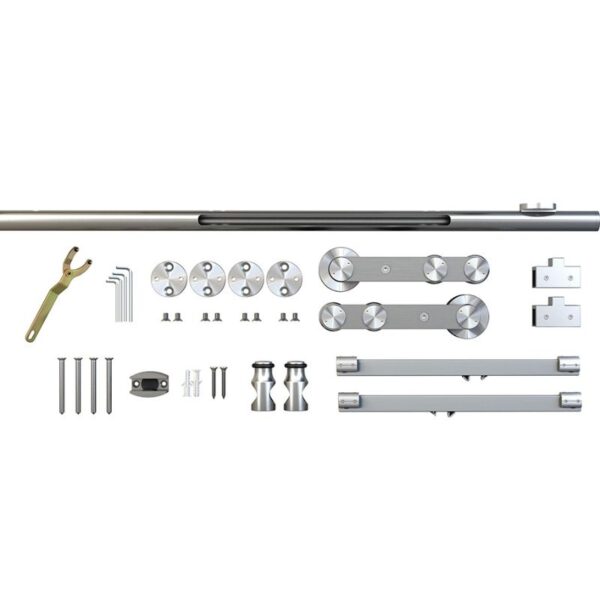 Stainless Steel Sliding Door Track Hardware with metal components, screws, and a wrench displayed neatly on a white background.