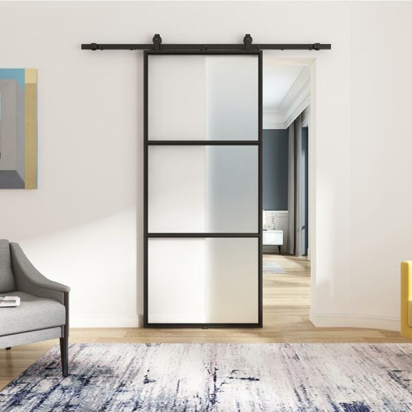 TKM-A02 3 panel frosted black steel glass interior barn door