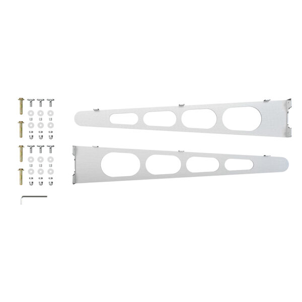 Two stainless steel rack-mounting brackets with multiple cutouts and an assortment of screws and washers from a Glass Door Canopy Kit, displayed on a white background.