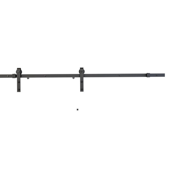 Horizontale zwarte balk met gelijkmatig verdeelde hardware voor staldeuren, hangende montage tegen een witte achtergrond.