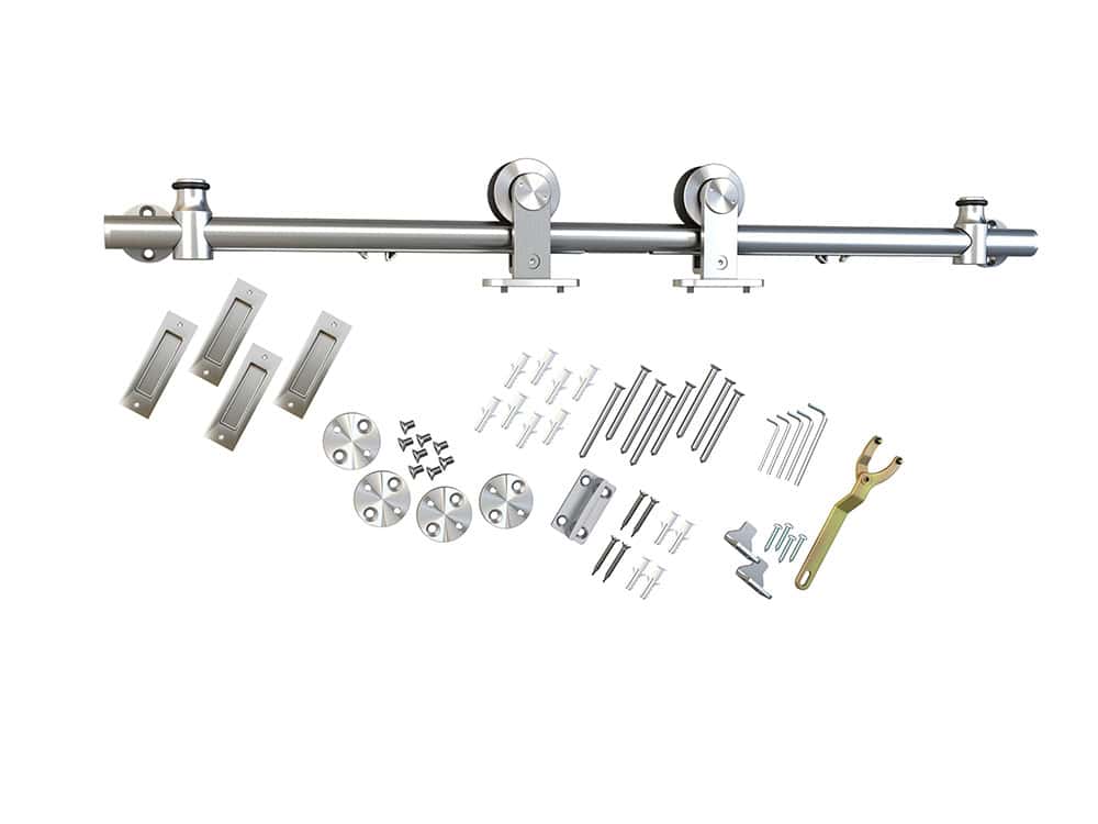 High-quality steel sliding door hardware kit with rollers, brackets, screws, and fittings for smooth operation and durability. Perfect for home or commercial sliding doors.