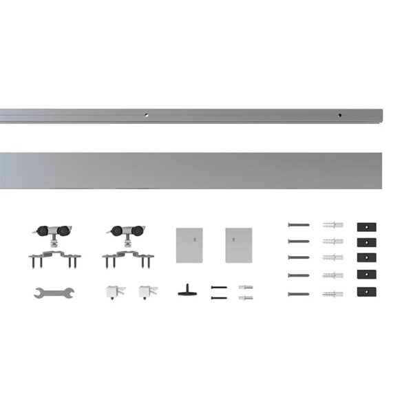 Exploded view of curtain rod components including rod, Concealed Sliding Door Track Aluminum Sliding Wooden Door System, screws, and installation tools.