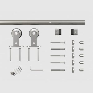 Kit de feronerie pentru ușă glisantă cu șină, role, opritoare și accesorii de instalare.