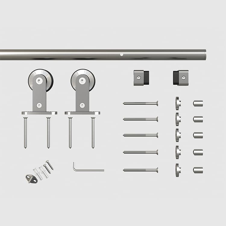 Sliding barn door hardware kit with rail, rollers, stoppers, and installation accessories.