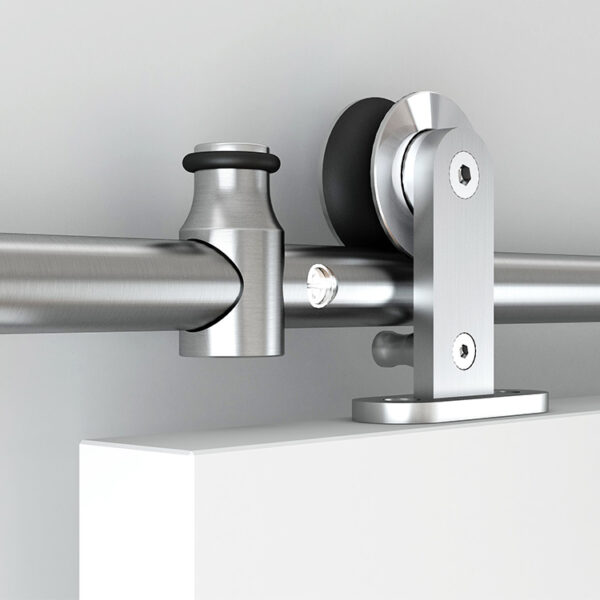 A close-up image of a modern handrail bracket attaching a metal handrail to a white wall, showcasing detailed Barn Door Stainless Steel Hardware, Top Mounted metalwork and fasteners.