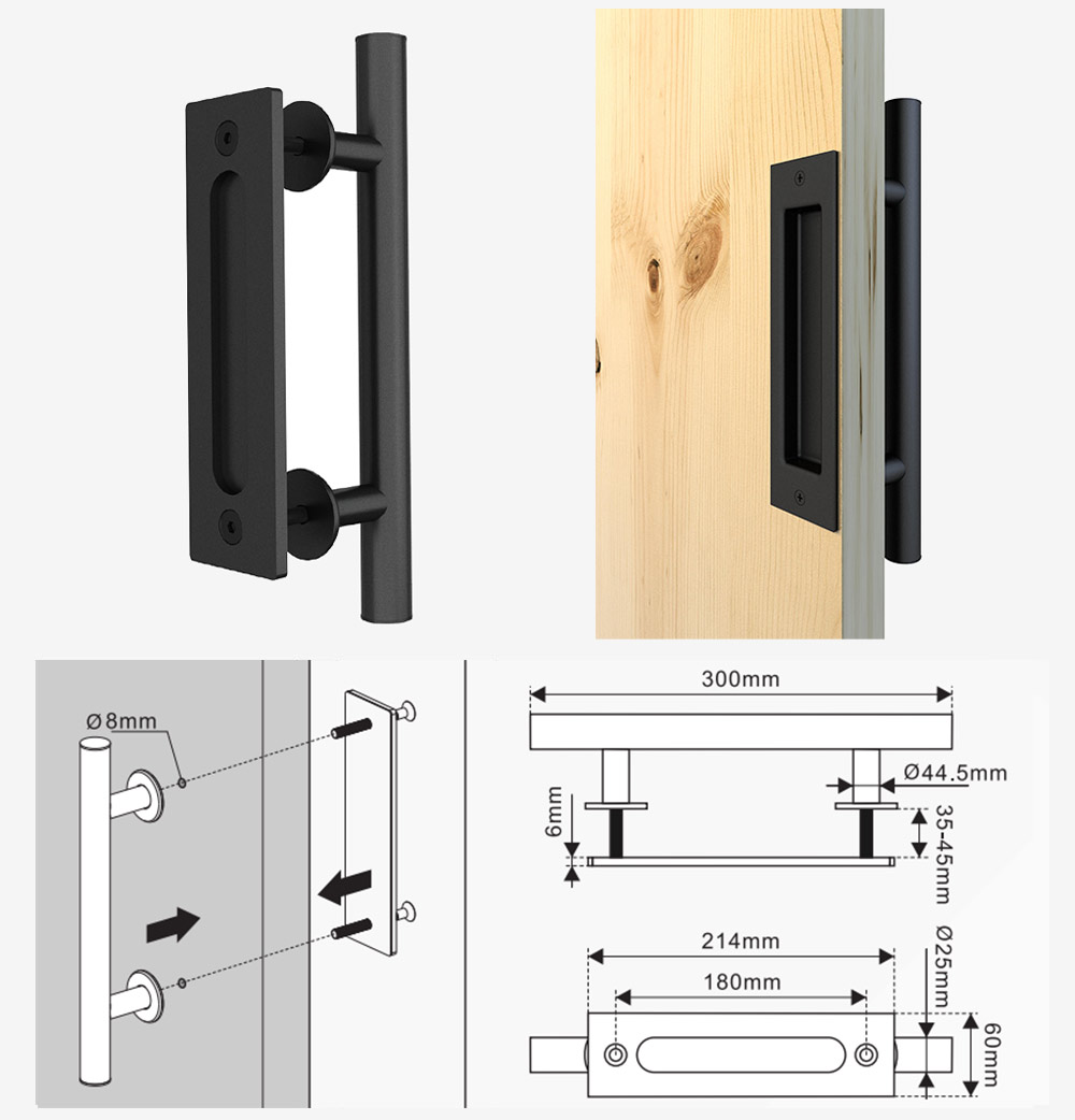 A flat finger pull plate on one side and pipe handle on the other side