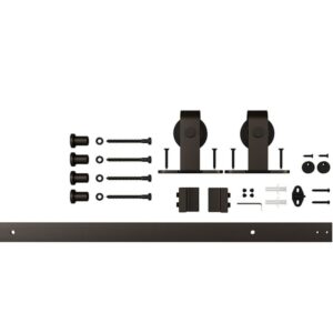Quincaillerie de porte coulissante à montage supérieur sur une surface blanche : rail métallique, roues, vis, butées et supports.