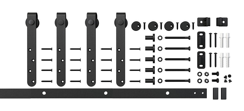 High-quality black metal sliding barn door hardware set with rollers, brackets, screws, and hardware components for easy installation. Perfect for adding a stylish rustic or modern touch to interior or exterior barn doors. Durable and designed for smooth operation, this kit enhances home functionality while elevating aesthetic appeal. Suitable for residential and commercial spaces, ensuring secure and efficient barn door movement.